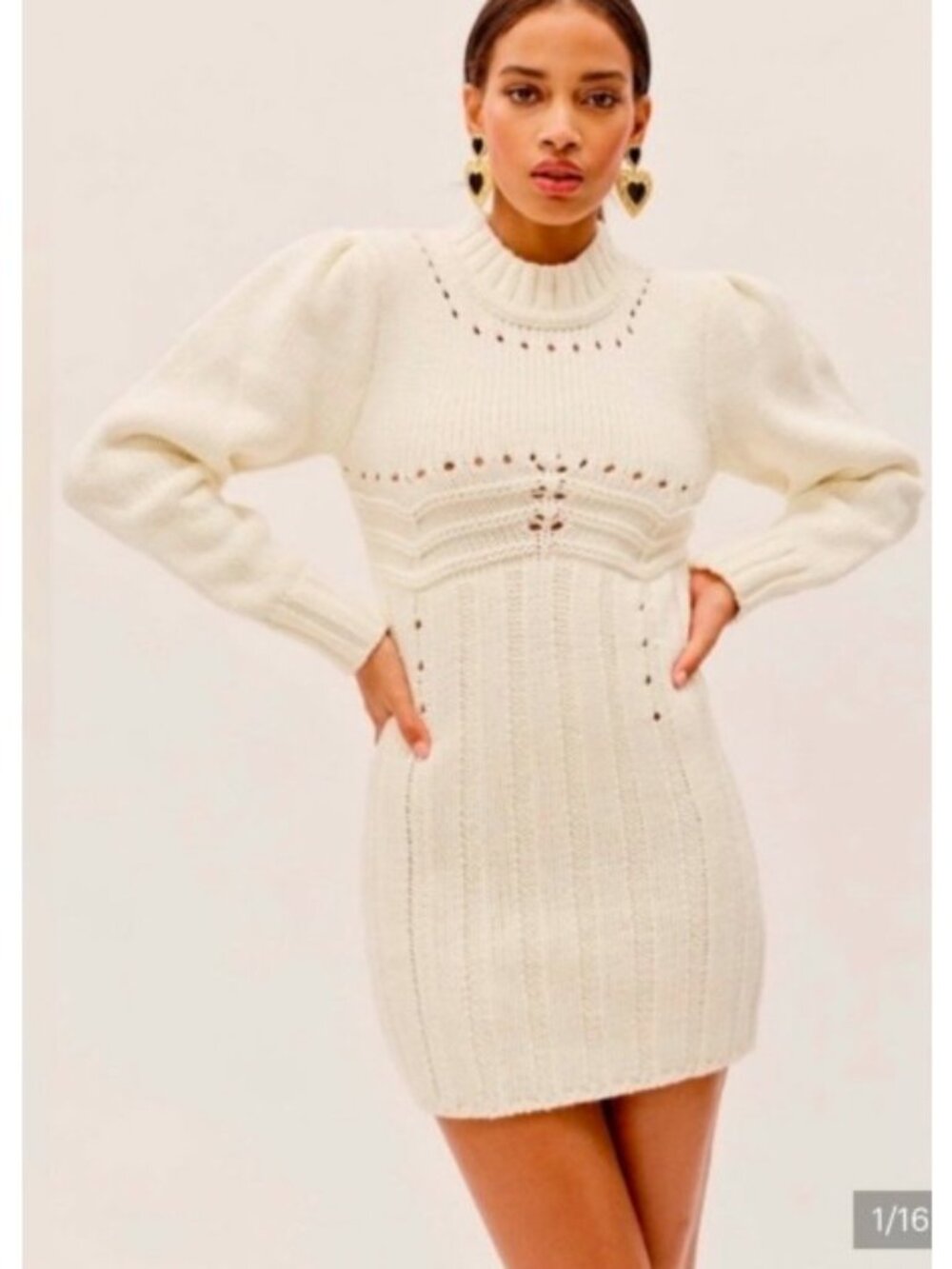 For Love & Lemons Jules Sweater Dress Women's XS Cream Ribbed Knit Long Sleeve